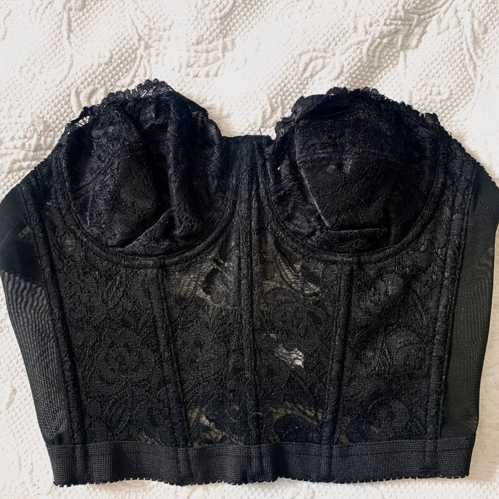 Black Lace Corset Bustier Top with Adjustable Straps and Boning